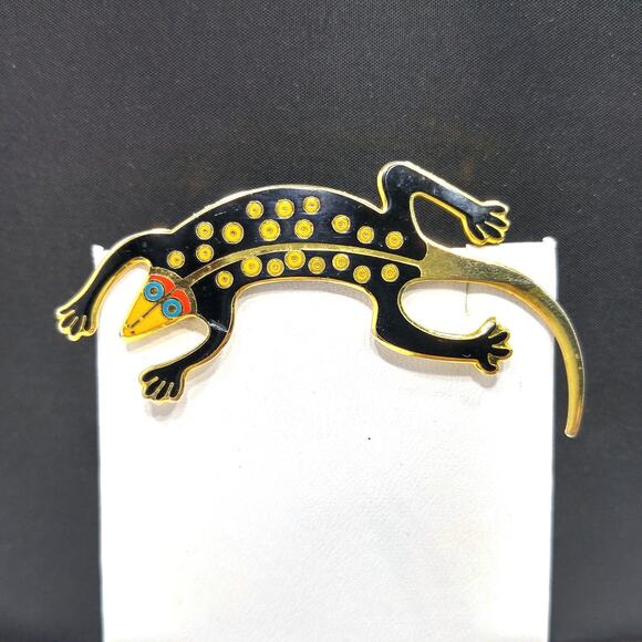 Laurel Burch Black "Lizard" Brooch, Gold Plated Cloisonne, 1980s Vintage Jewelry - Picture 9 of 10